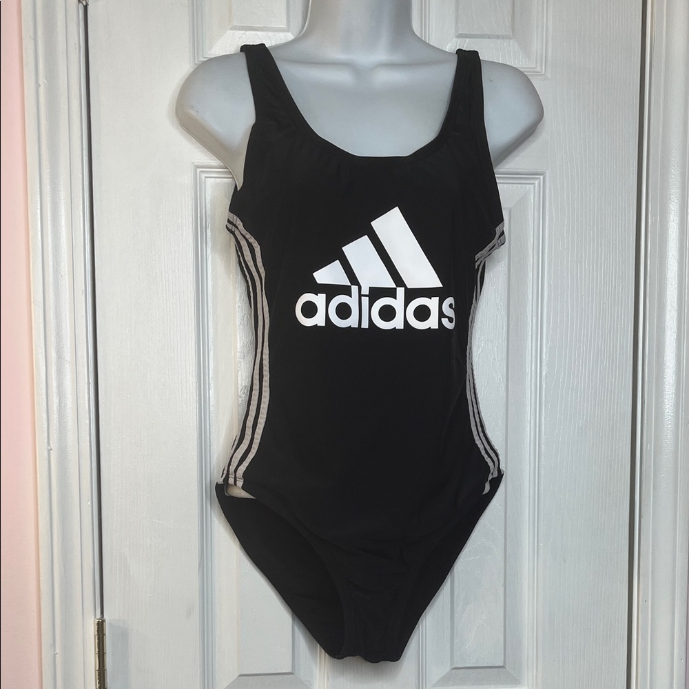 Adidas Swimsuit Black with White Spell Out Graphic 3 Stripe Size Medium